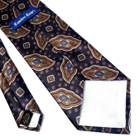 Camden Court Purple Gray Tan Metallic Short Print Polyester Tie - Picture 5 of 6